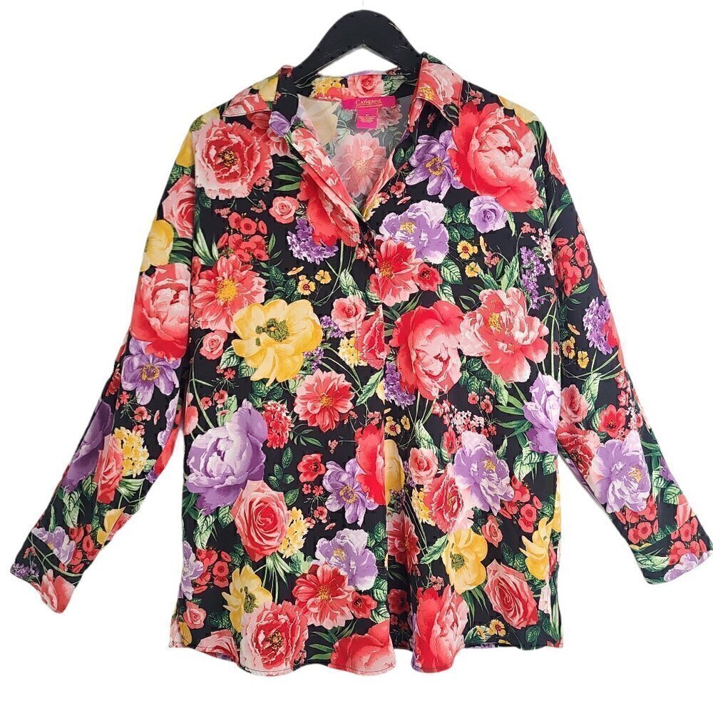 Women's Oversized Red Yellow Floral Long Sleeve 3/4 Button Up Collared Top